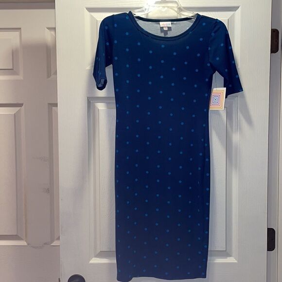 LuLaRoe Navy & Royal Blue polka dot bodycon dress - Picture 1 of 9